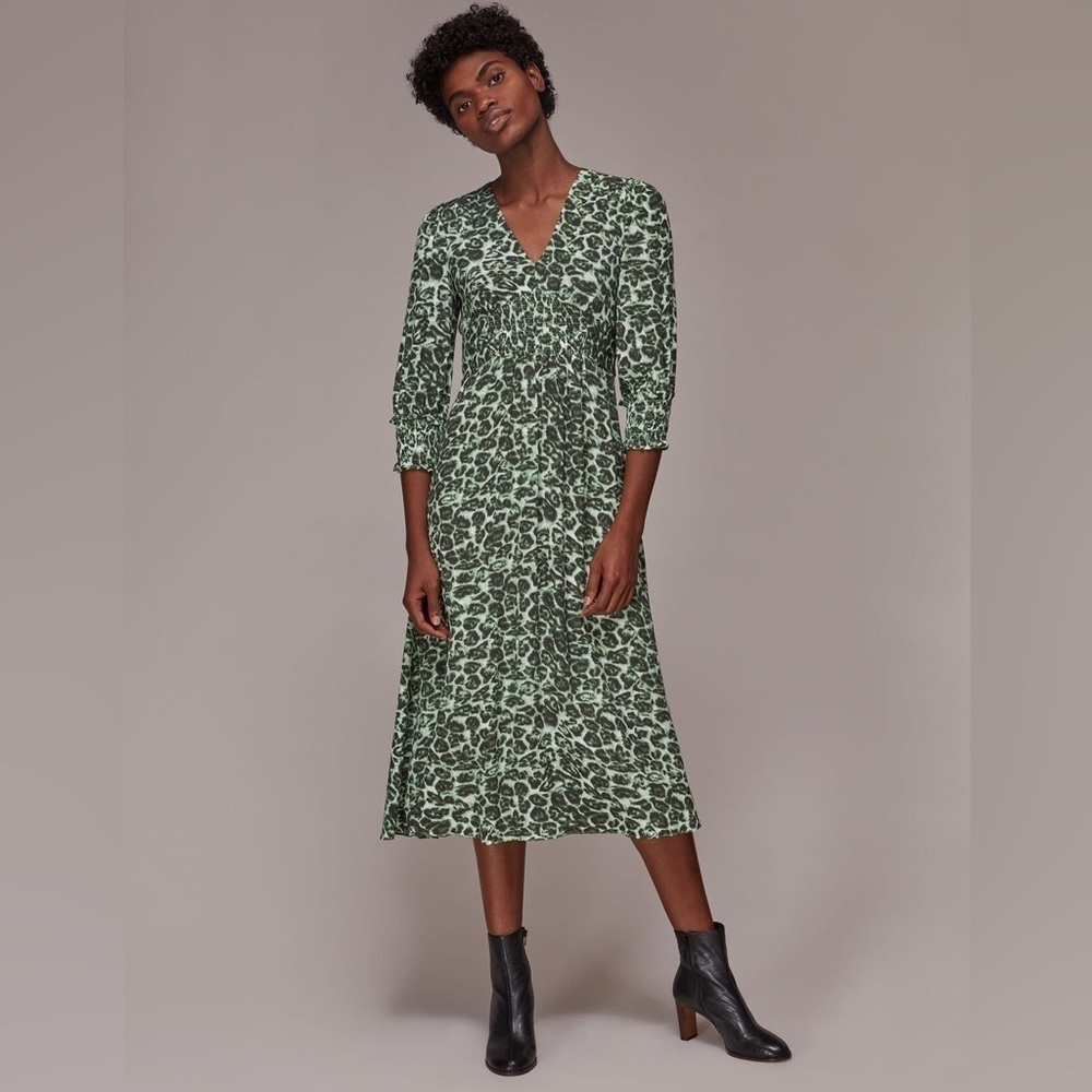 Whistles Clouded Leopard Shirred Green Multi V-Neck Midi Dress EUC Size US 10